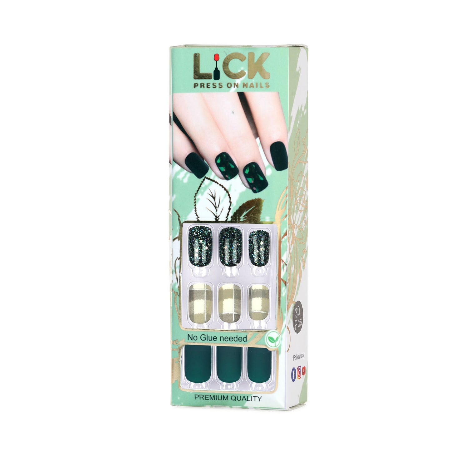LICK NAILS Green Glitter with Checkered print Press on Nails